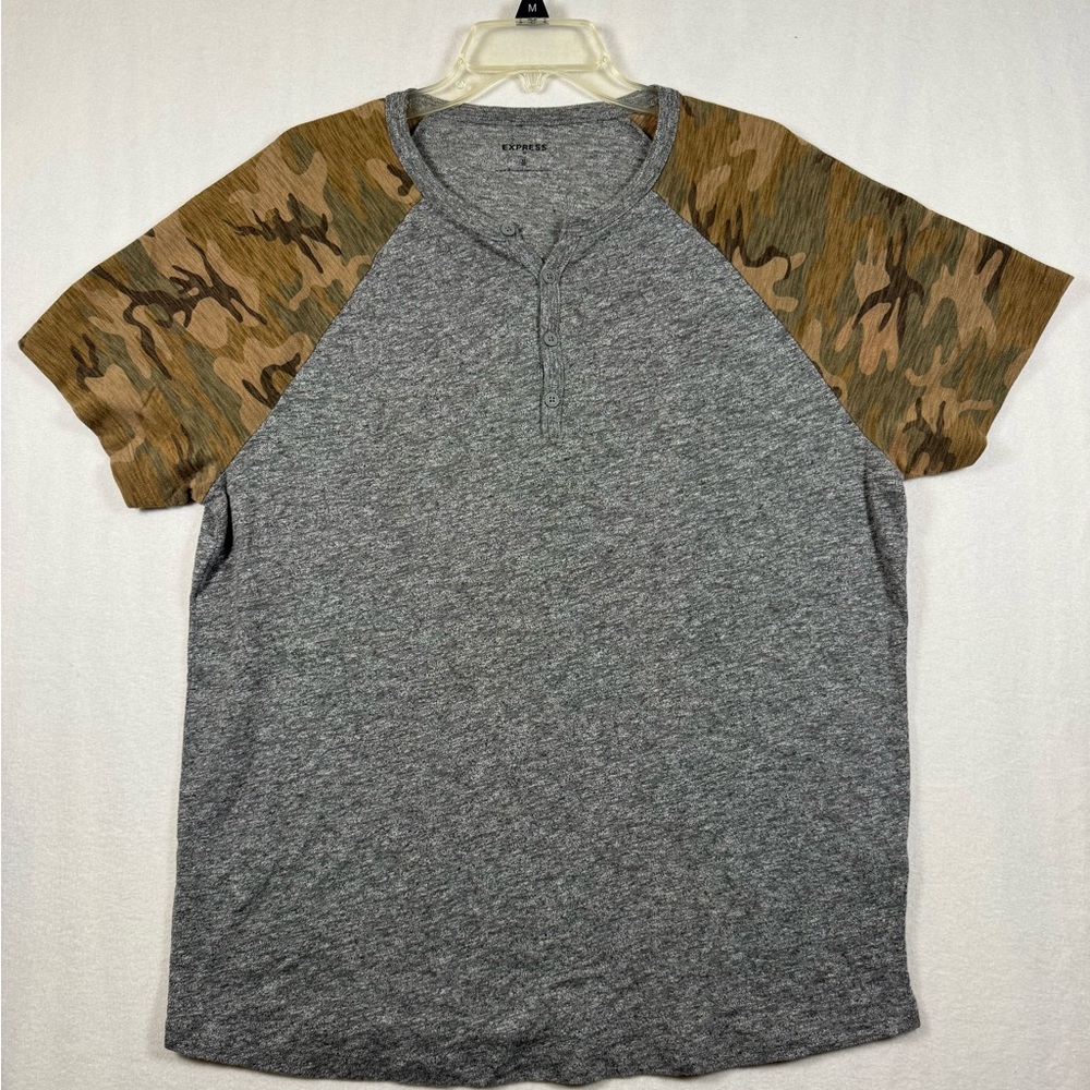 Express Men's Gray Henley with Camo Raglan Sleeves
